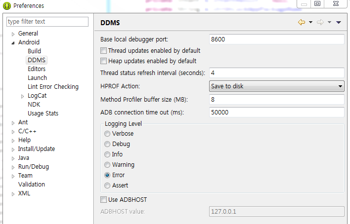 이클립스에서  Window -> Preferences -> Android탭 -> DDMS 화면에서  ADB connection time out(ms) 값을 5000정도로 늘려주세요.  그래도 안되면 더 큰 숫자로 늘려주시면 될껍니다.