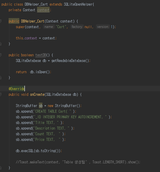 오류가 나는 부분은 db.execSQL(sb.toString()); 입니다